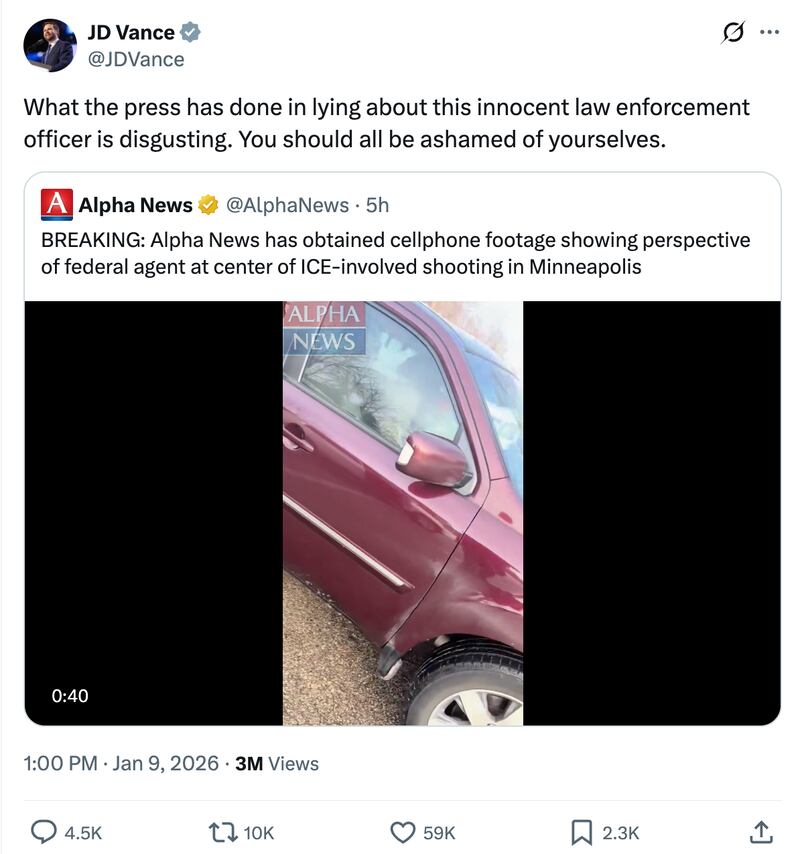 JD Vance's post on X about the video shared by Alpha News, showing footage filmed by Jonathan Ross, the ICE agent who has been identified as the shooter of Renee Nicole Good.