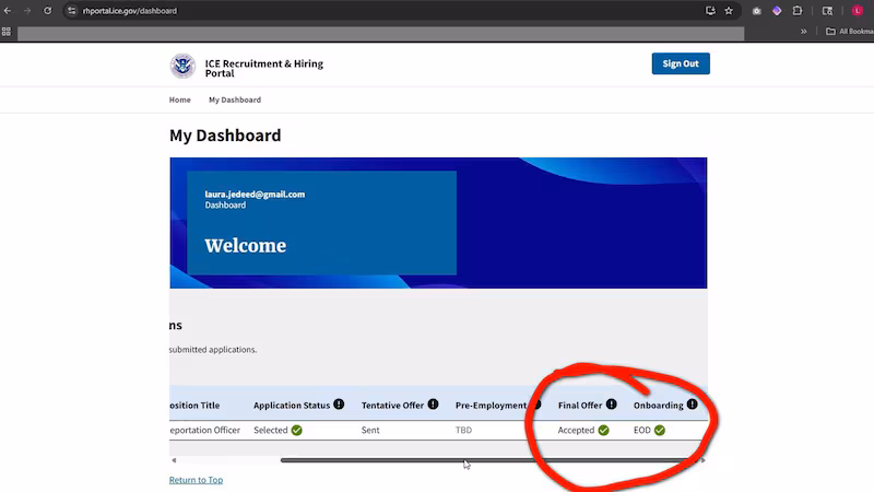 Jedeed posted her DHS portal to prove the agncy was lying about her not being offered a job with ICE.