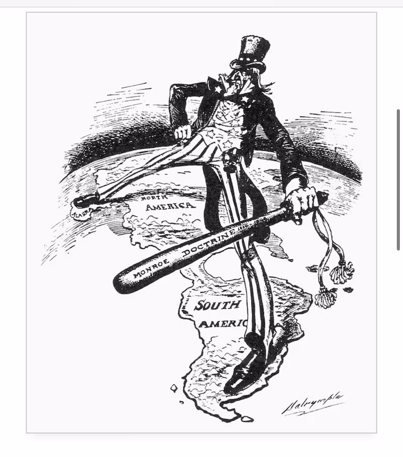Cartoon by Louis Dalrymple about U.S. expansionism: Uncle Sam straddles the Americas while wielding a big stick inscribed with the words "Monroe Doctrine 1824–1905".
