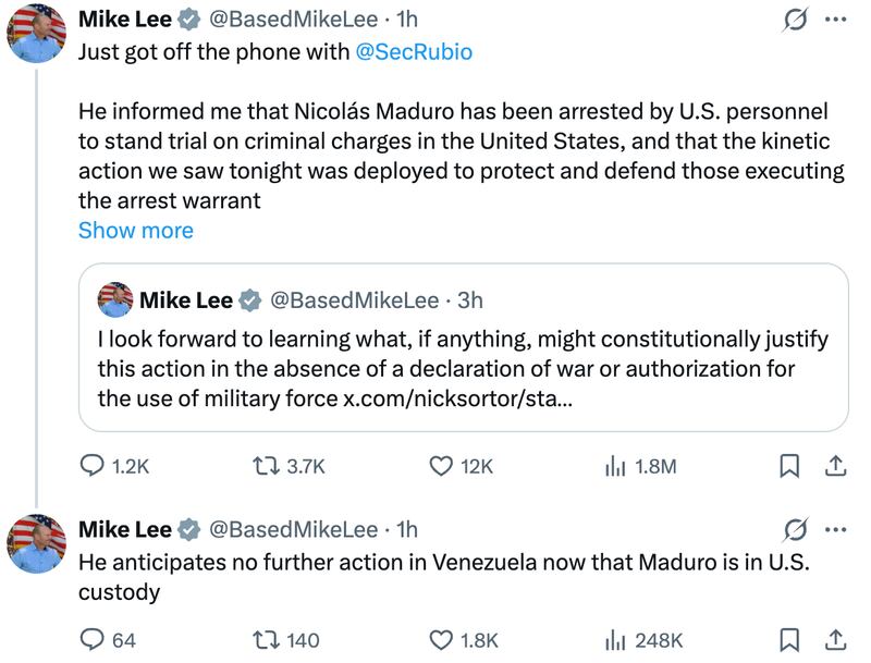 Mike Lee said he spoke to Marco Rubio about the strikes.