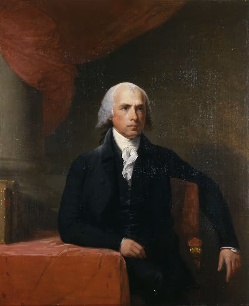 A portrait of President James Madison, circa 1805-1807, by the artist Gilbert Stuart.