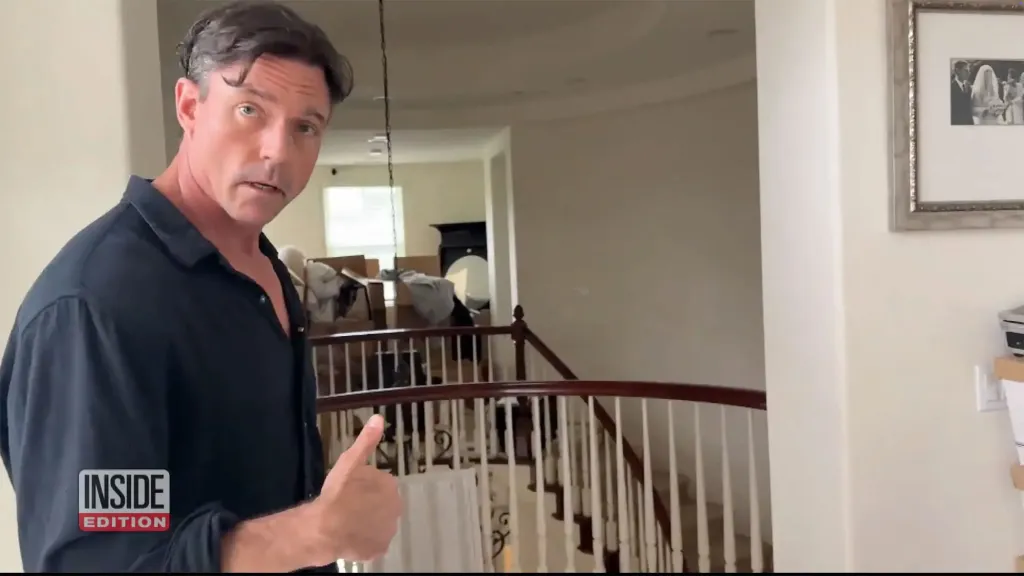 Aaron Phyphers gestures towards a messy room, blaming his estranged wife, Denise Richards, for the hoarding situation.