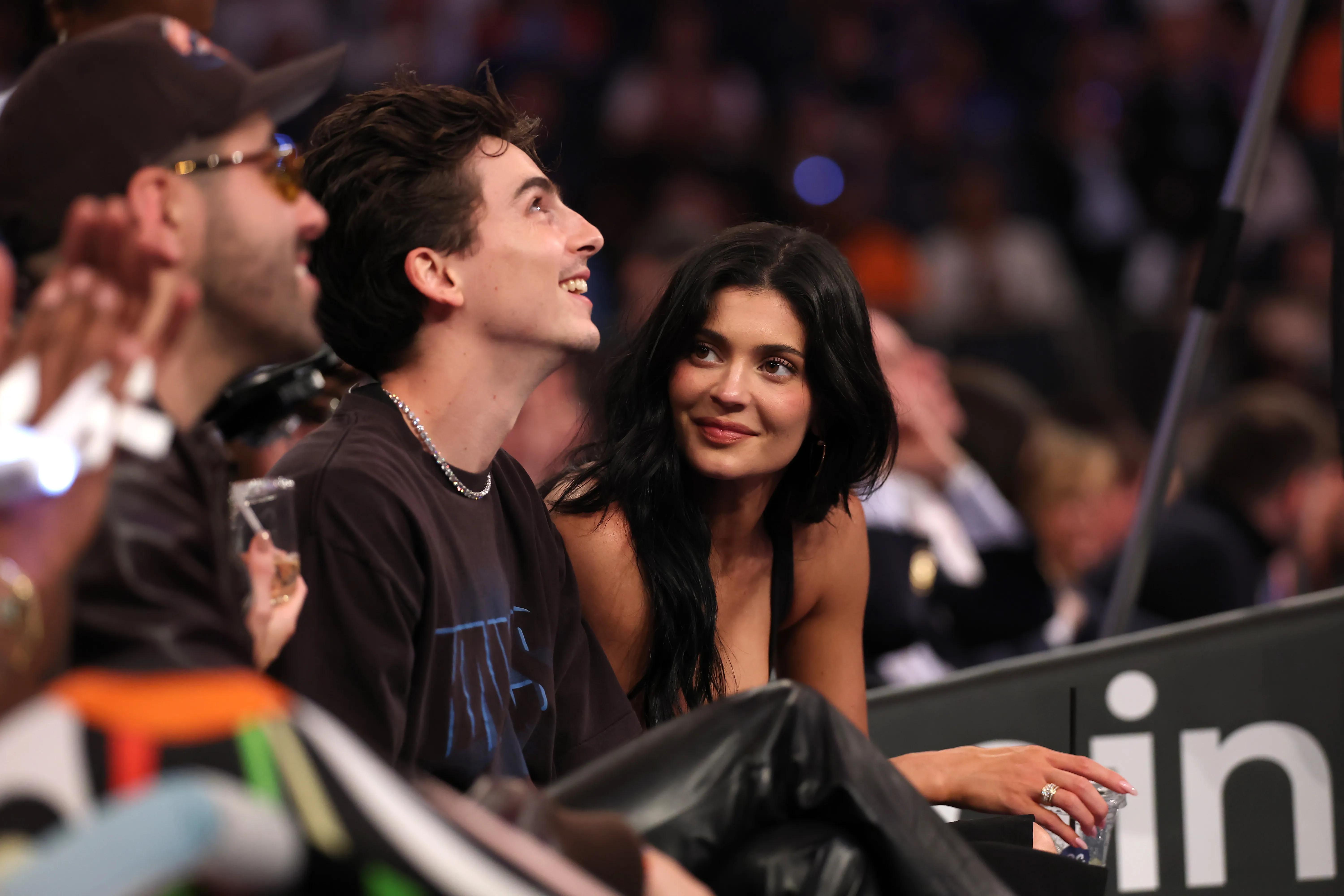 Timothée Chalamet and Kylie Jenner watching the Boston Celtics vs New York Knicks game.