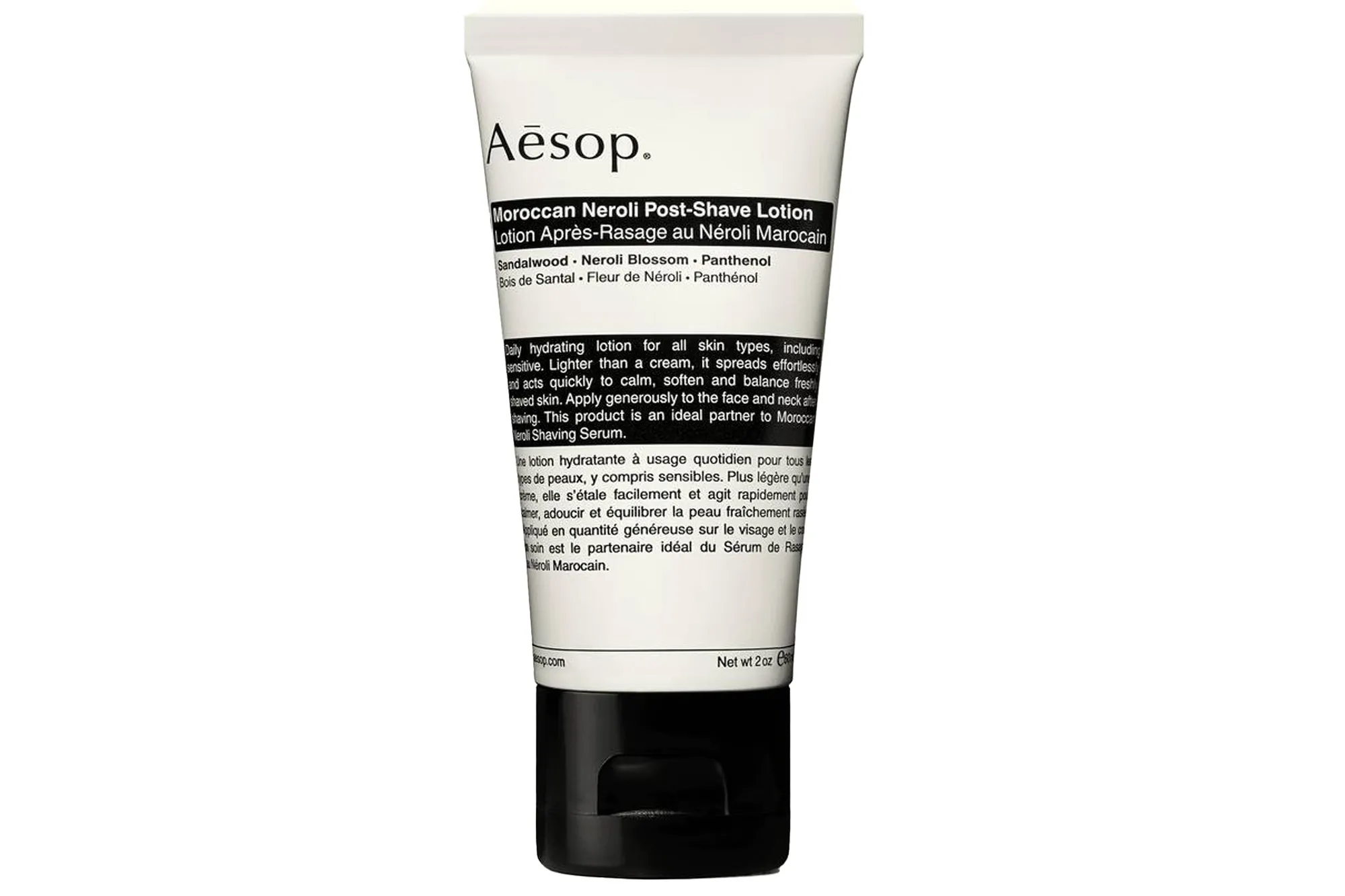 A white tube of Aesop Moroccan Neroli Post-Shave Lotion.