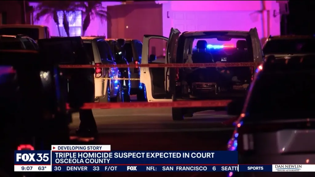 Crime scene at night with police vehicles and flashing blue lights, a red 