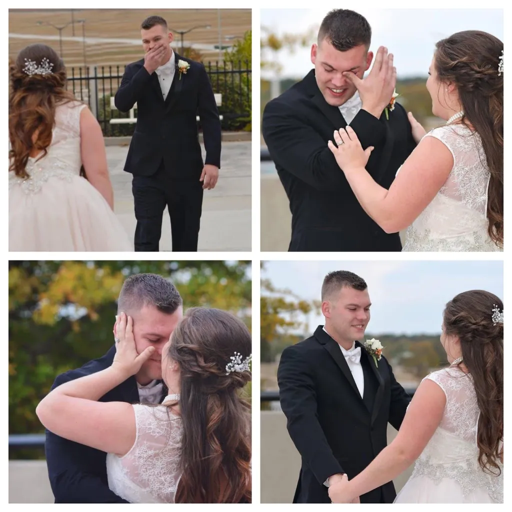 Collage of Alex Maddox and Chase Maddox's emotional first look wedding photos.