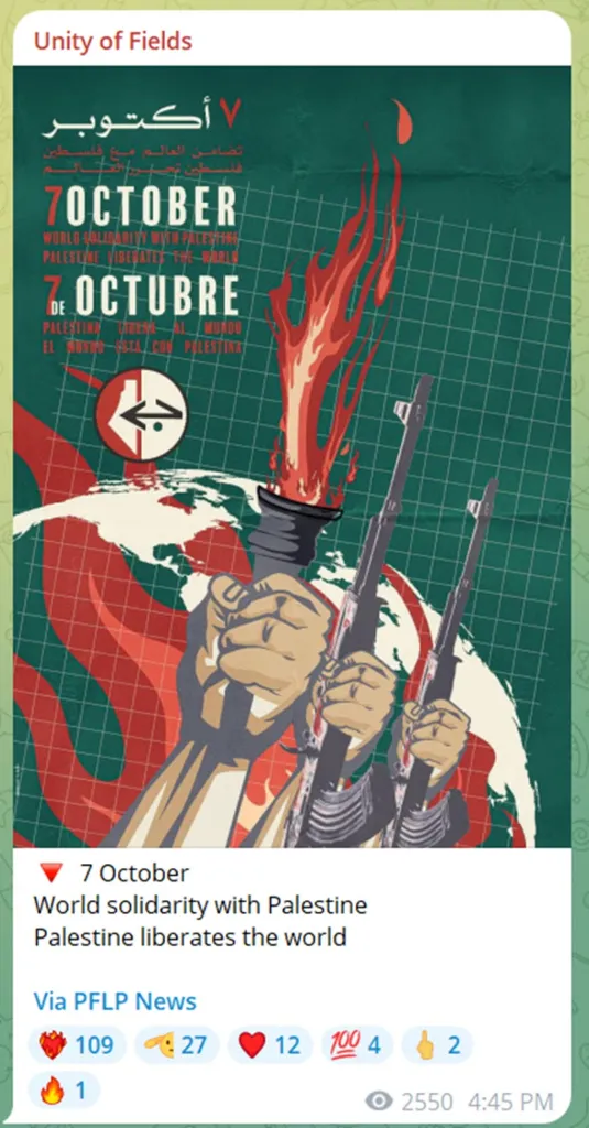Illustration of a poster with a torch held by a clenched fist, two rifles, and the text 