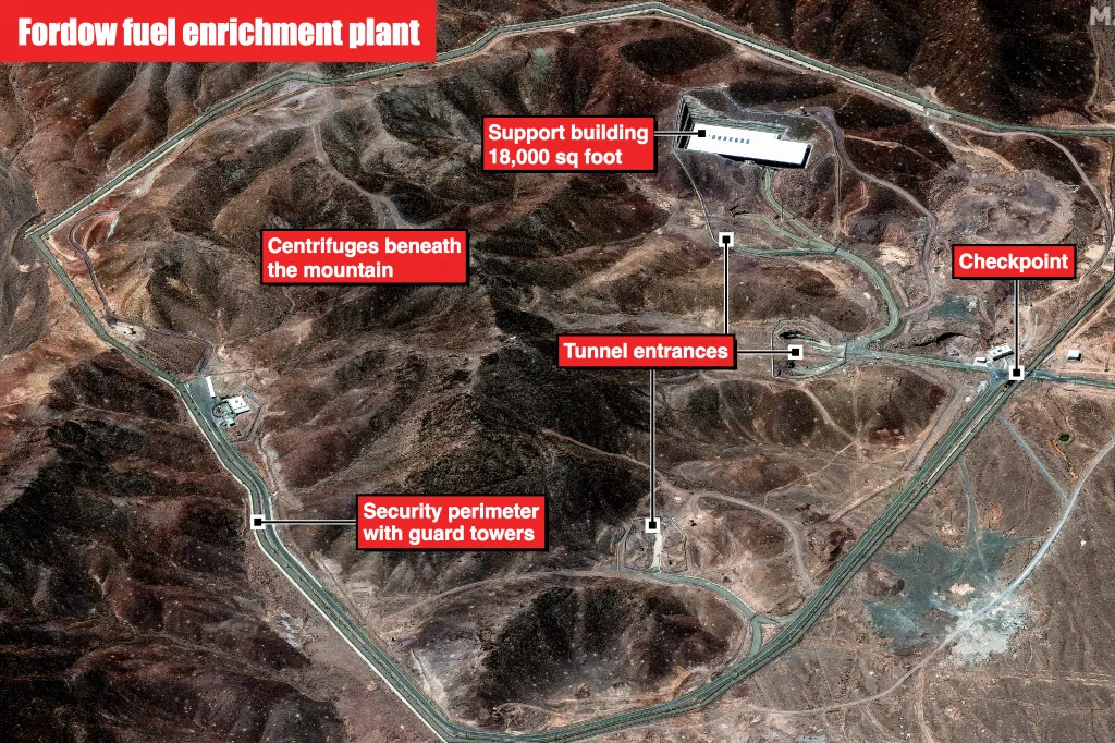 Annotated satellite image of the Fordow fuel enrichment plant in Iran, showing its various features.