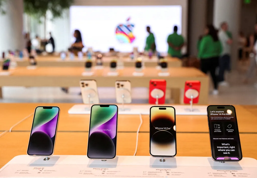 Apple iPhones displayed inside India's first Apple retail store.
