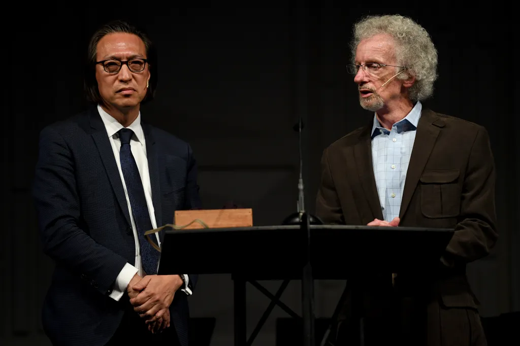 Artist Makoto Fujimura and Philip Yancey speak about life after Columbine during Columbine 20 Years Later: A Faith-based Remembrance Service at Waterstone Community Church April 18, 2019, in Littleton, Colorado. 