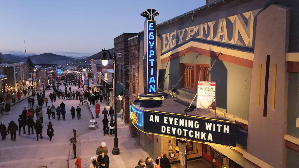 People line up outside the Egyptian Theatre in Park City, Utah during the 2026 Sundance Film Festival.