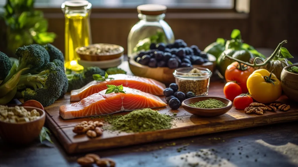 Illustration of various healthy ingredients including salmon fillets, blueberries, tomatoes, broccoli, nuts, and spices on a wooden table.