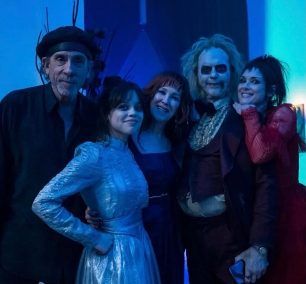 Tim Burton and cast members of Beetlejuice 2 including Jenna Ortega, Catherine O'Hara, Michael Keaton, and Winona Ryder.