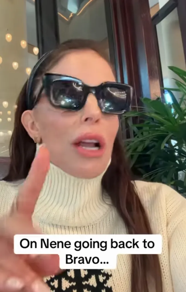 Bethenny Frankel, wearing sunglasses and a cream sweater, speaks directly to the camera, with a caption overlay that says 