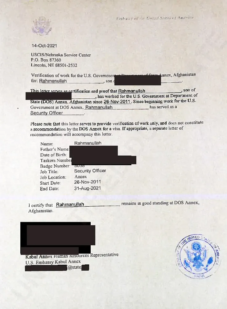 Employment verification letter for Rahmanullah from the U.S. Embassy in Kabul.