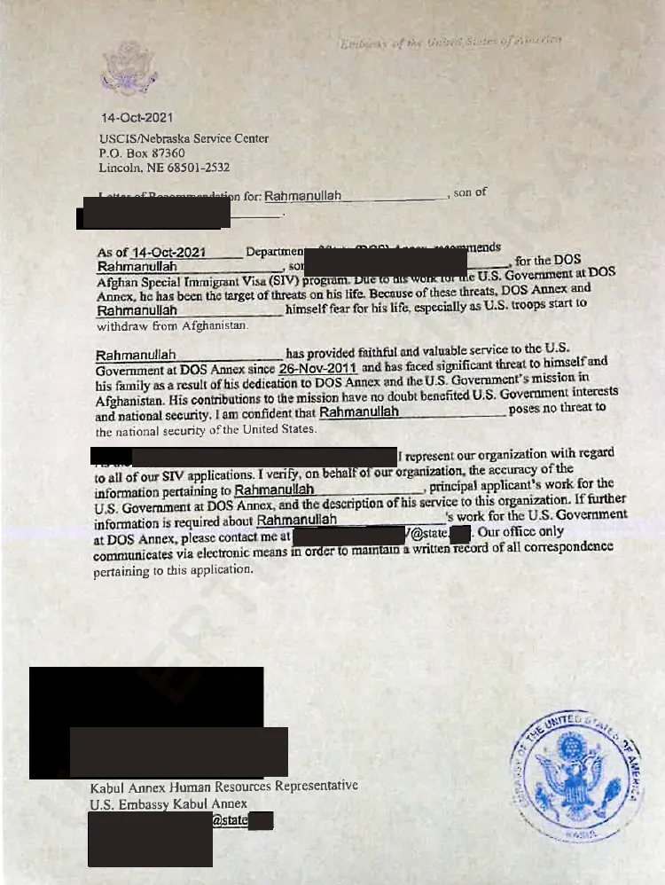 Employment verification letter for Rahmanullah from the U.S. Embassy Kabul Annex for his Afghan Special Immigrant Visa application.