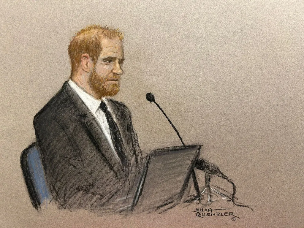 Illustration of Prince Harry in court giving evidence.