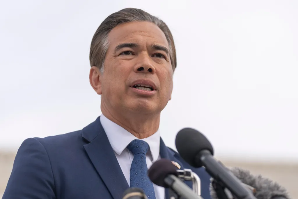California Attorney General Rob Bonta speaks to reporters.