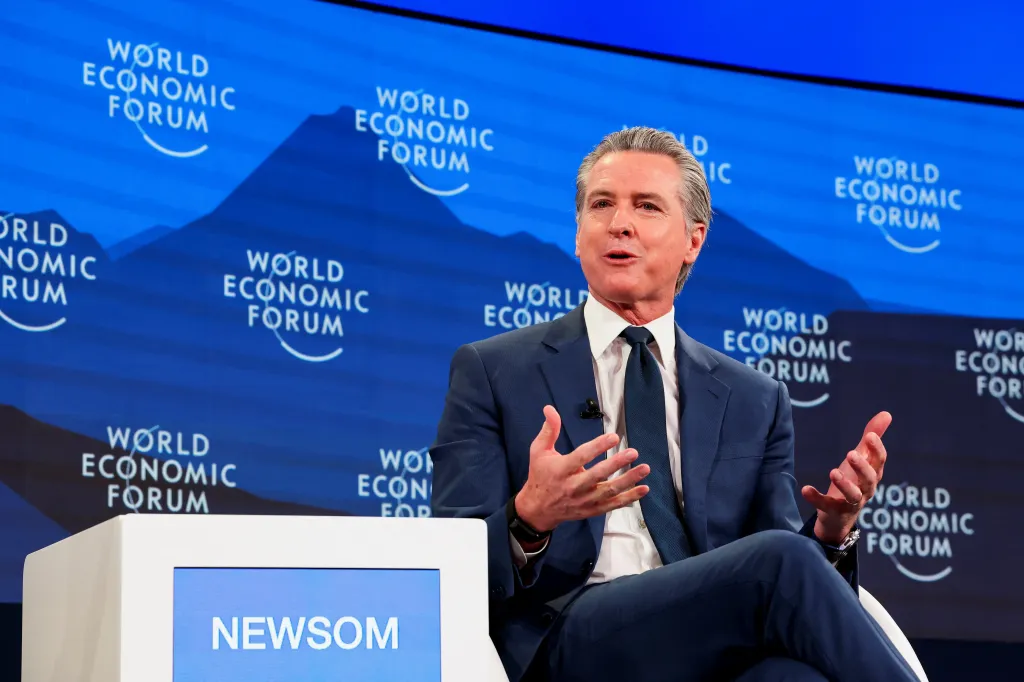 California Governor Gavin Newsom speaking at the World Economic Forum meeting in Davos.