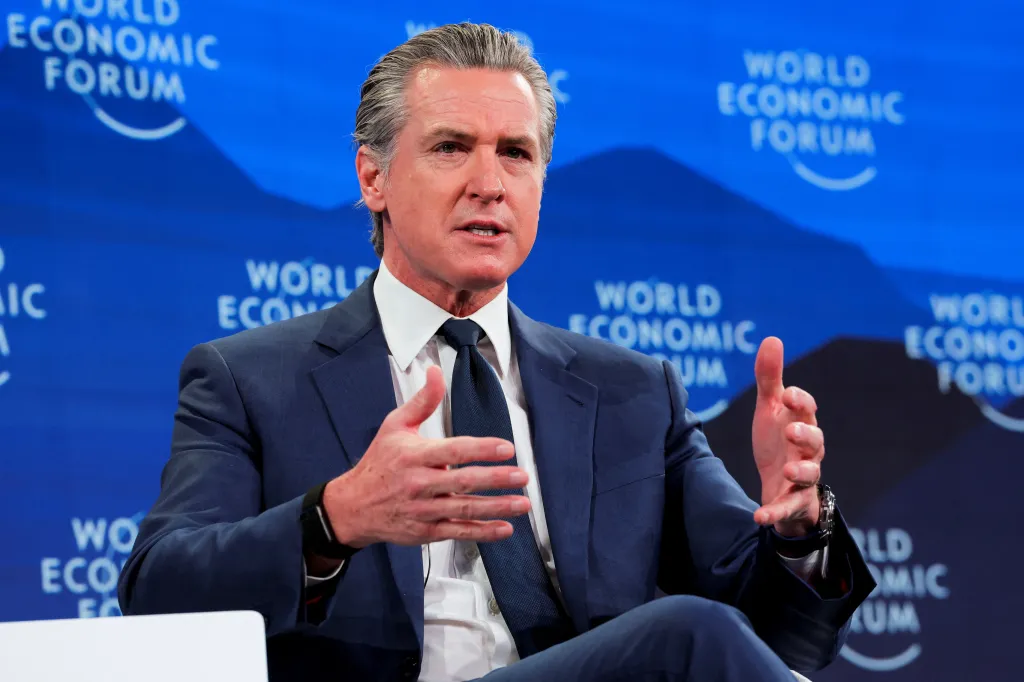 California Governor Gavin Newsom speaking at the World Economic Forum.