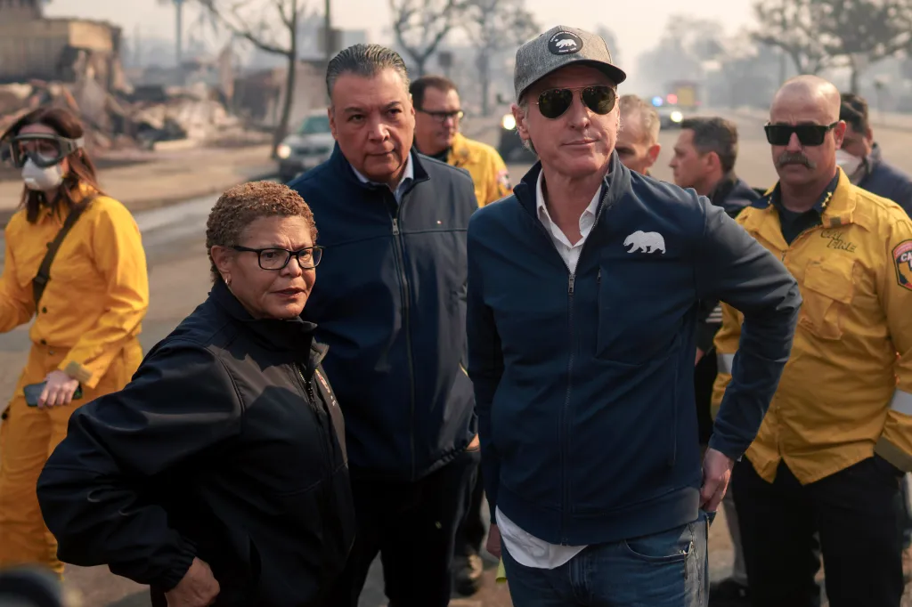 California Governor Gavin Newsom and Los Angeles Mayor Karen Bass tour the downtown business district of Pacific Palisades during the Palisades Fire.