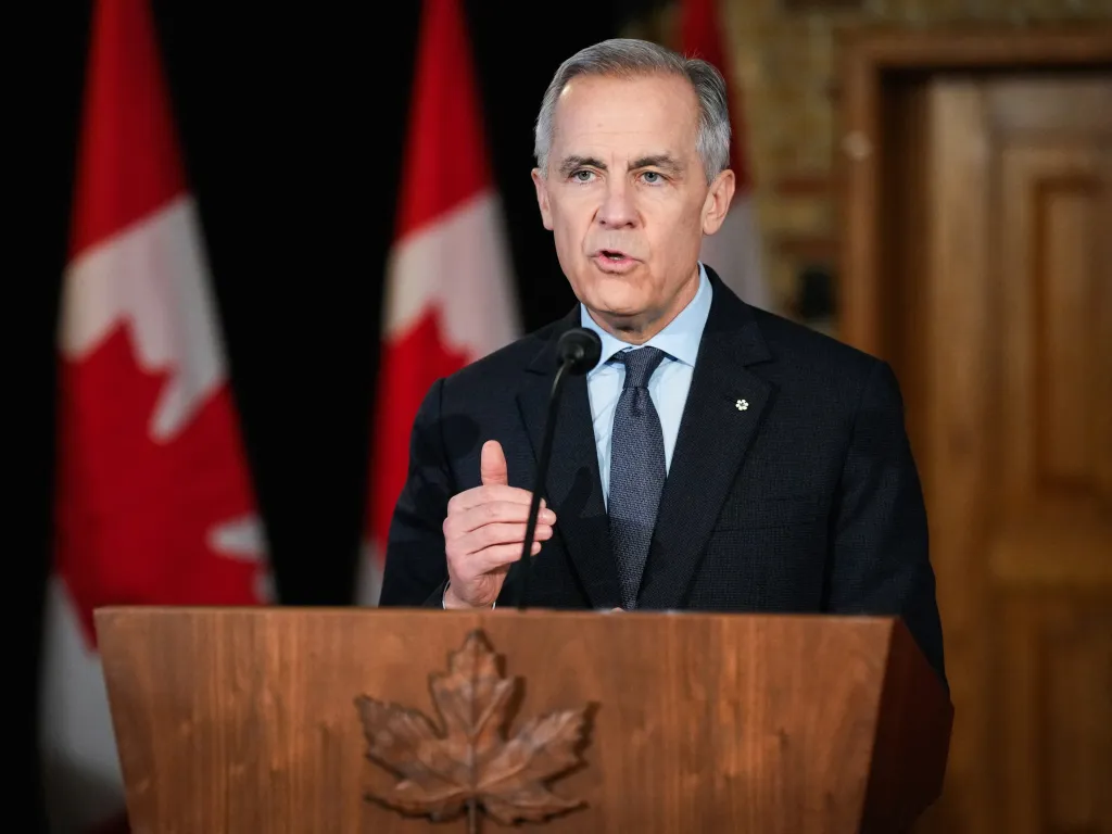 Canada's Prime Minister Mark Carney speaking at a news conference in Quebec City.