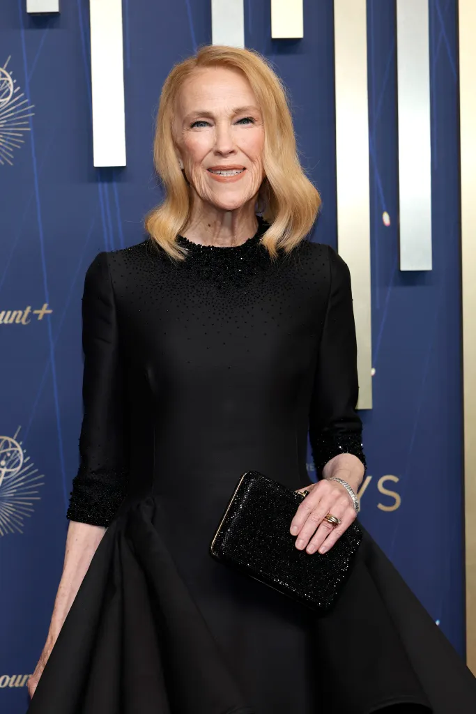 Catherine O'Hara in a black dress with beaded details at the 77th Primetime Emmy Awards.