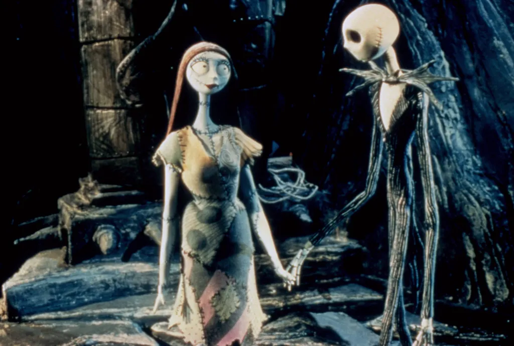 Illustration of Sally and Jack Skellington holding hands.