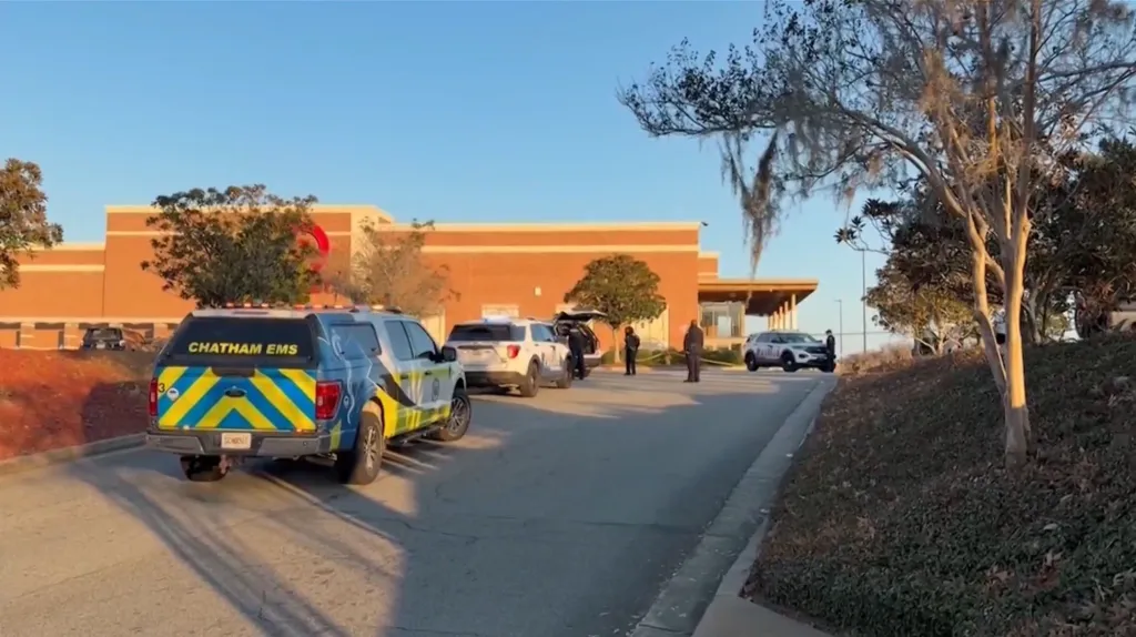 A Chatham EMS truck and multiple police vehicles parked in front of a Target store with officers standing nearby.