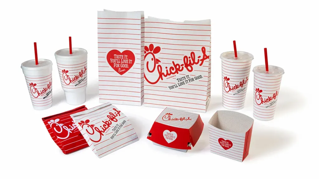 Chick-fil-A packaging including bags, cups, and food containers.
