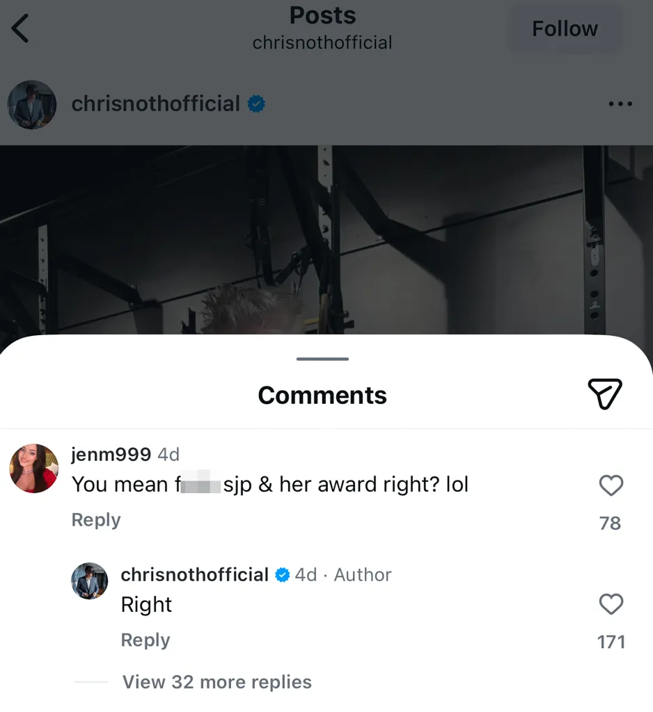 An Instagram post by Chris Noth, with a comment thread including his response.