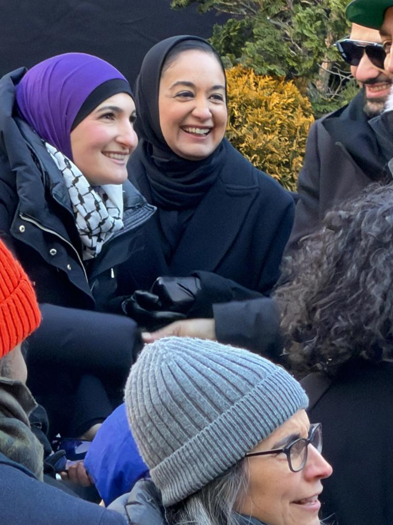 City Councilwoman Linda Sarsour attending a block party to celebrate Zohran Mamdani's inauguration as Mayor of New York City.
