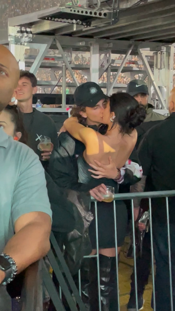 Kylie Jenner and Timothée Chalamet kissing and hugging at a concert.