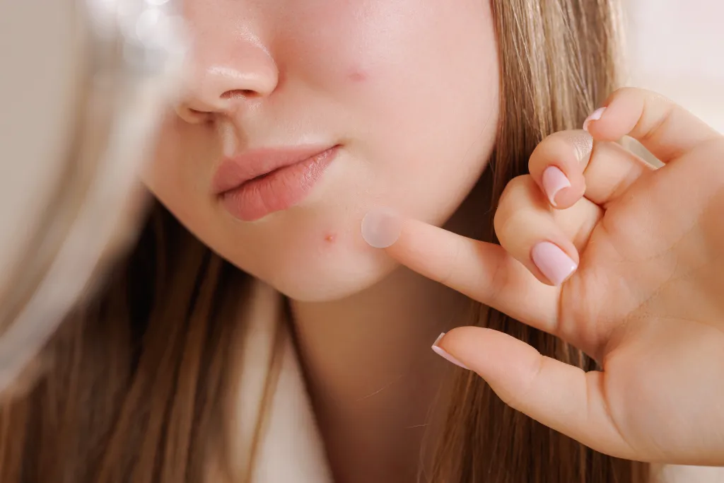Closeup of teen girl applying transparent acne patch on chin to treat pimples and promote skin healing.