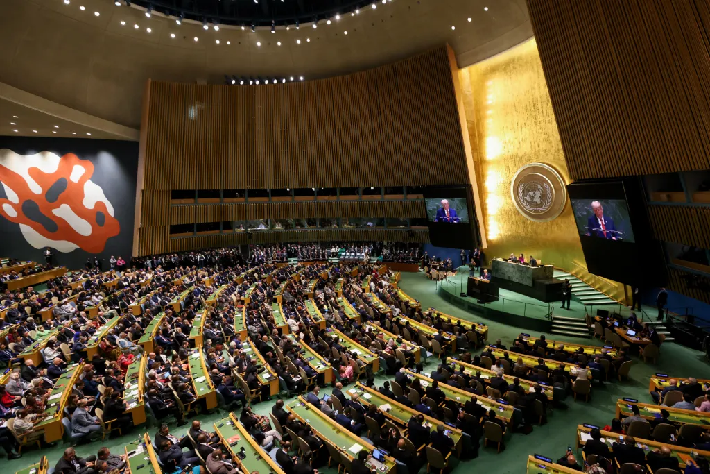 US President Donald Trump speaking at the United Nations General Assembly in New York.