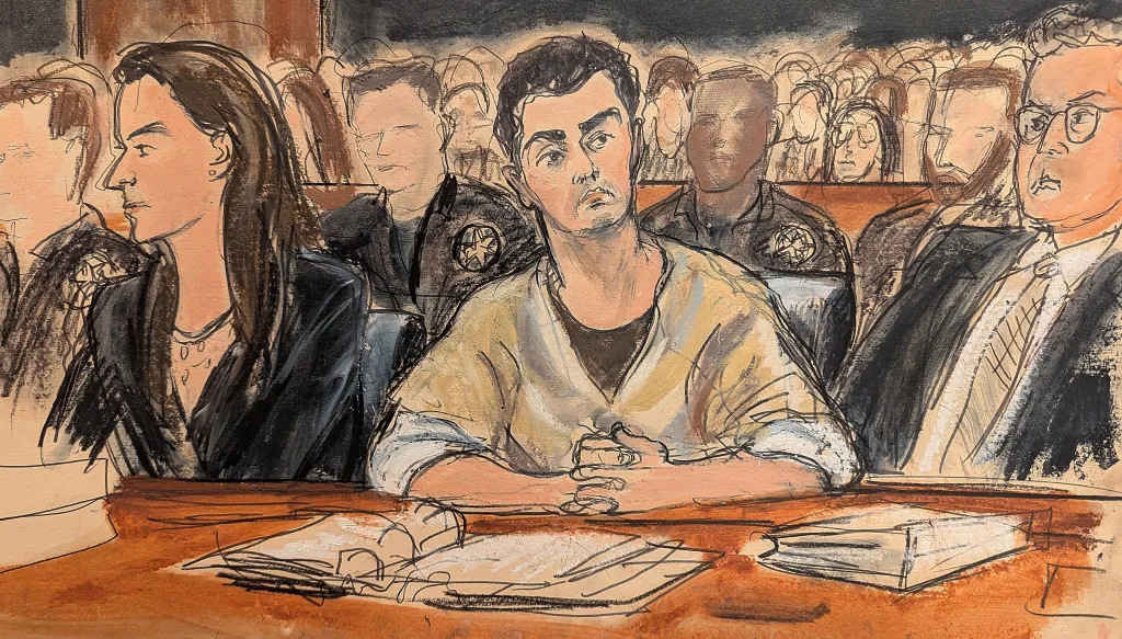 Illustration of Luigi Mangione, flanked by his attorneys Karen Agnifilo and Marc Agnifilo, in a courtroom.