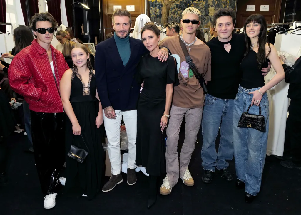 The Beckham family and Nicola Peltz Beckham at the Victoria Beckham Spring/Summer 2023 Runway show.