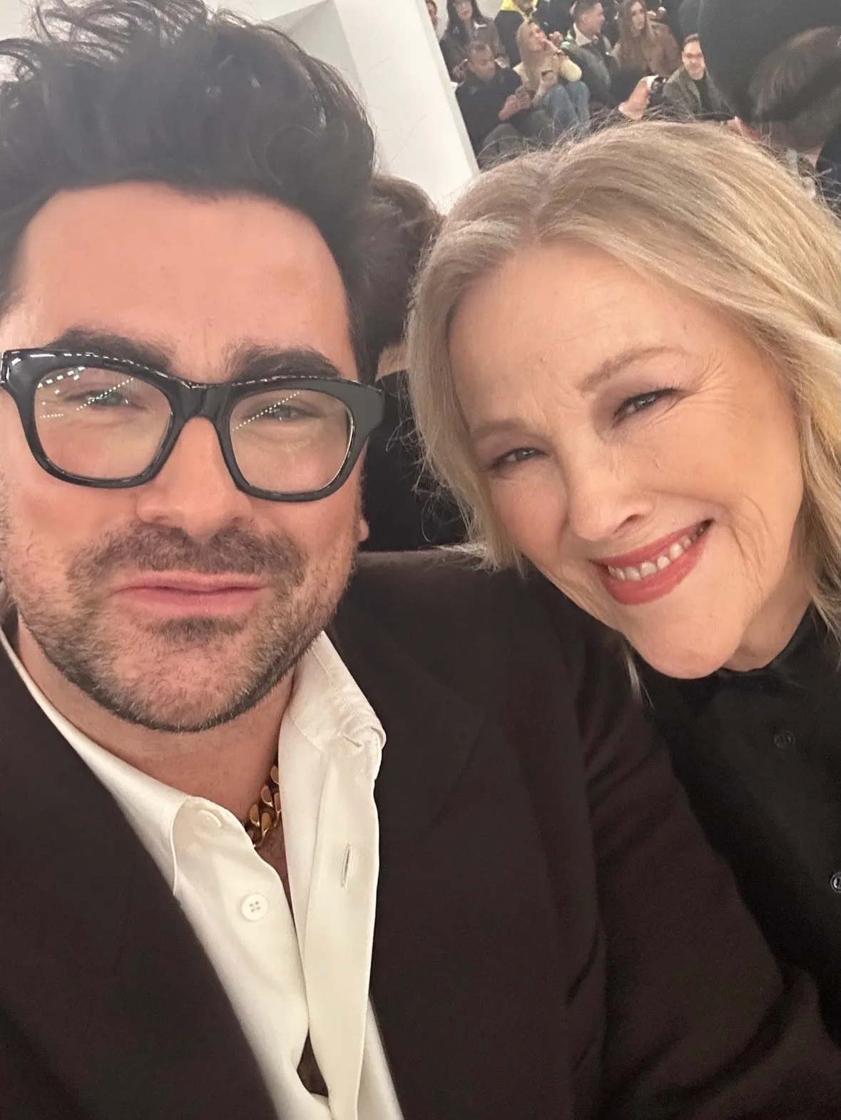 Dan Levy and Catherine O'Hara smiling for a selfie.