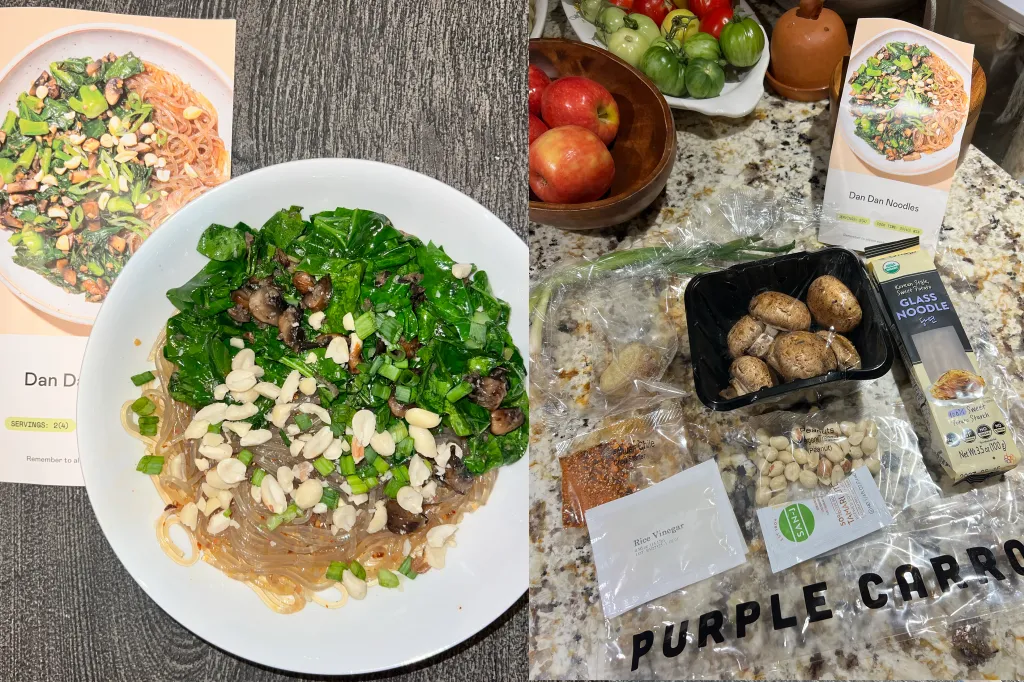 A plate of Dan Dan noodles next to the ingredients used to make it: mushrooms, peanuts, glass noodles, and other ingredients.