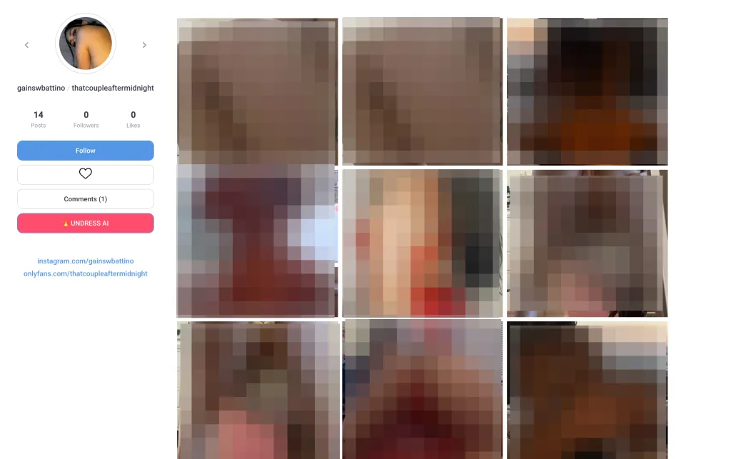 A screenshot of a social media profile with a blurred profile picture and blurred grid of nine posts.