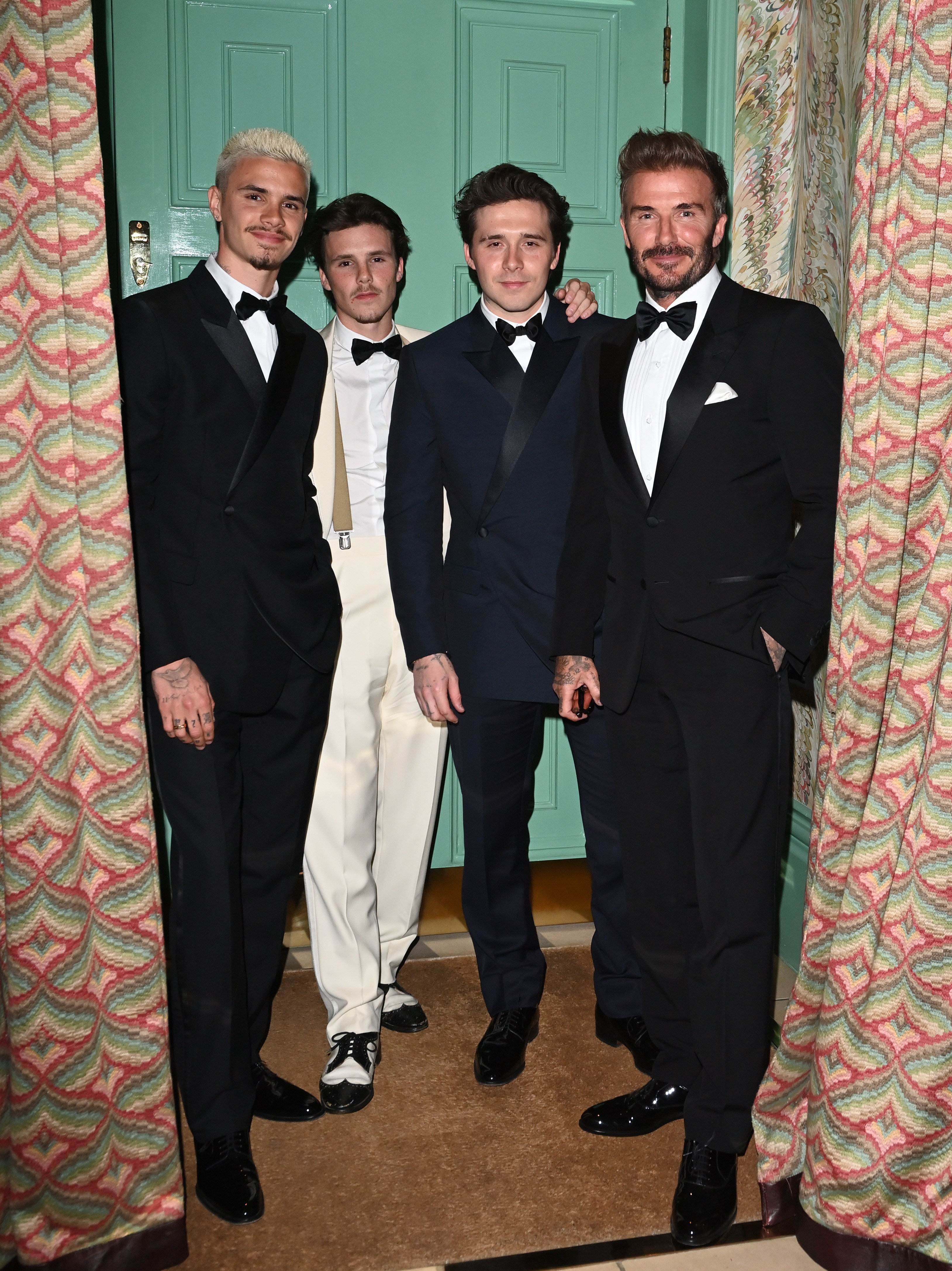 David Beckham, Brooklyn Beckham, Romeo Beckham, and Cruz Beckham at Victoria Beckham's 50th Birthday Party.