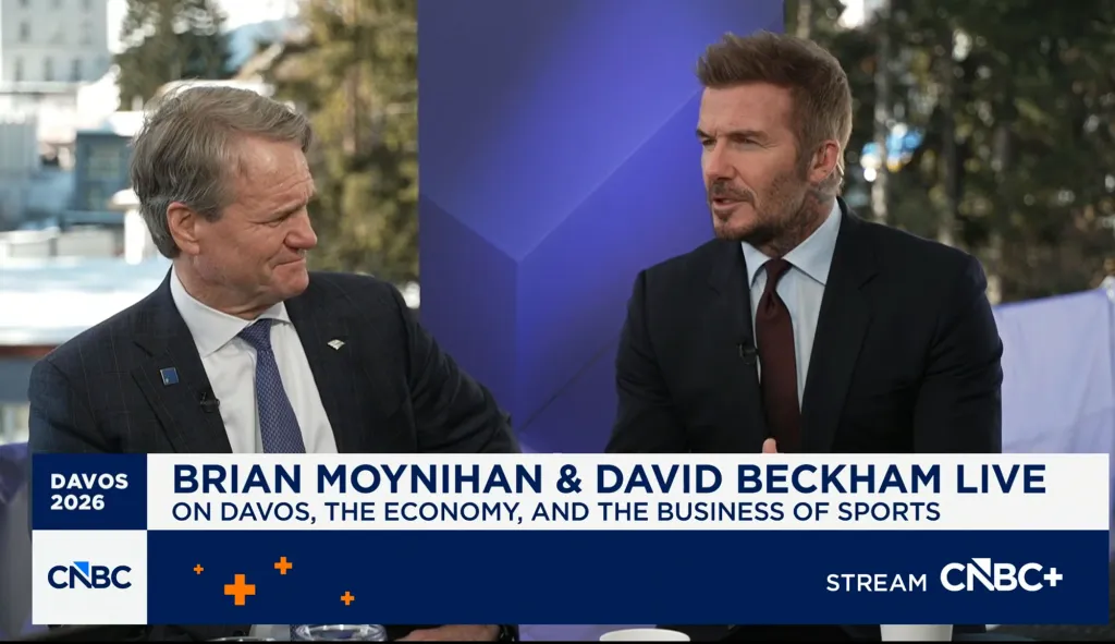 David Beckham and Brian Moynihan speaking live at Davos 2026 on the economy and the business of sports.