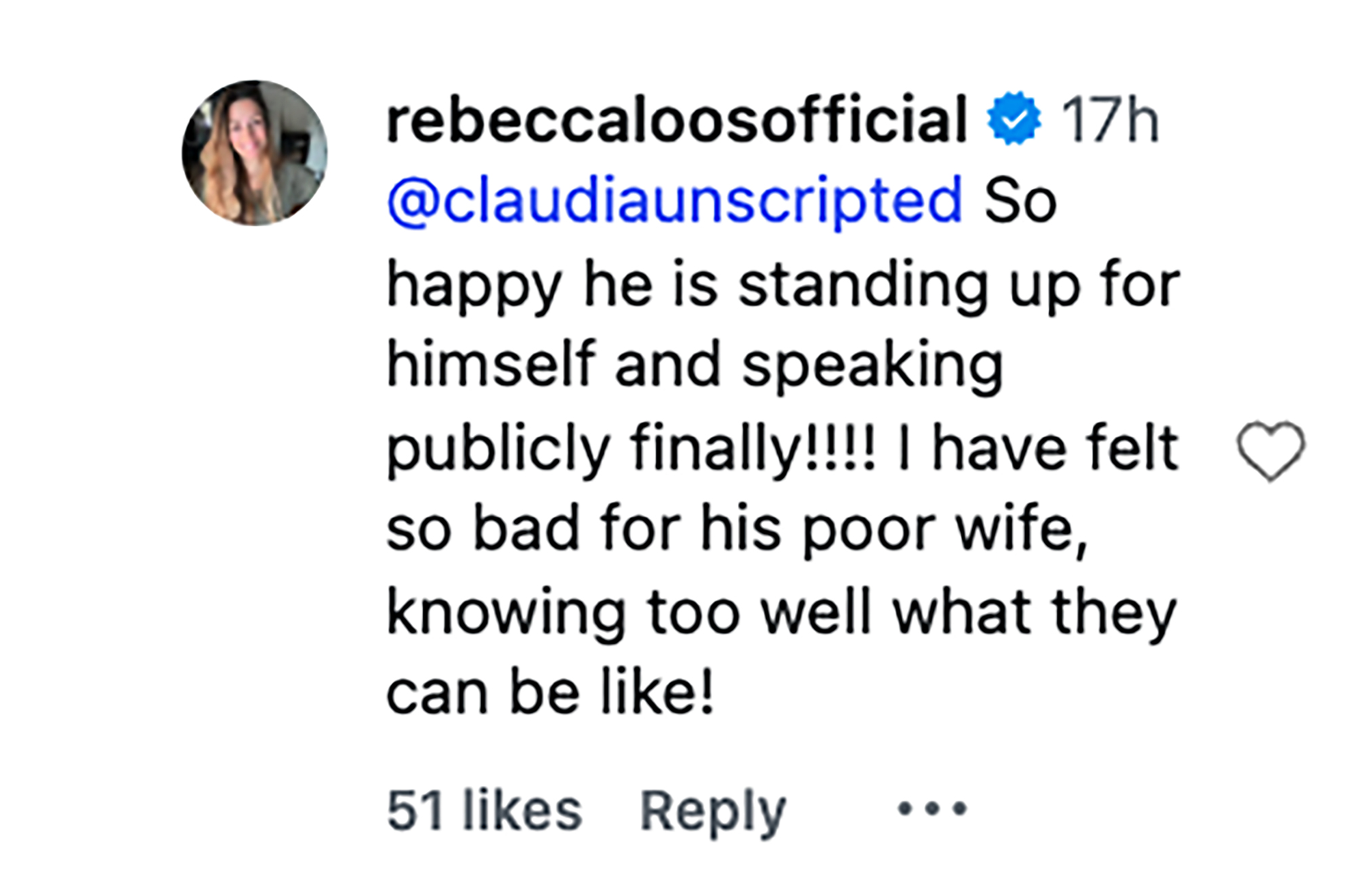 Screenshot of Rebecca Loos's Instagram comment.