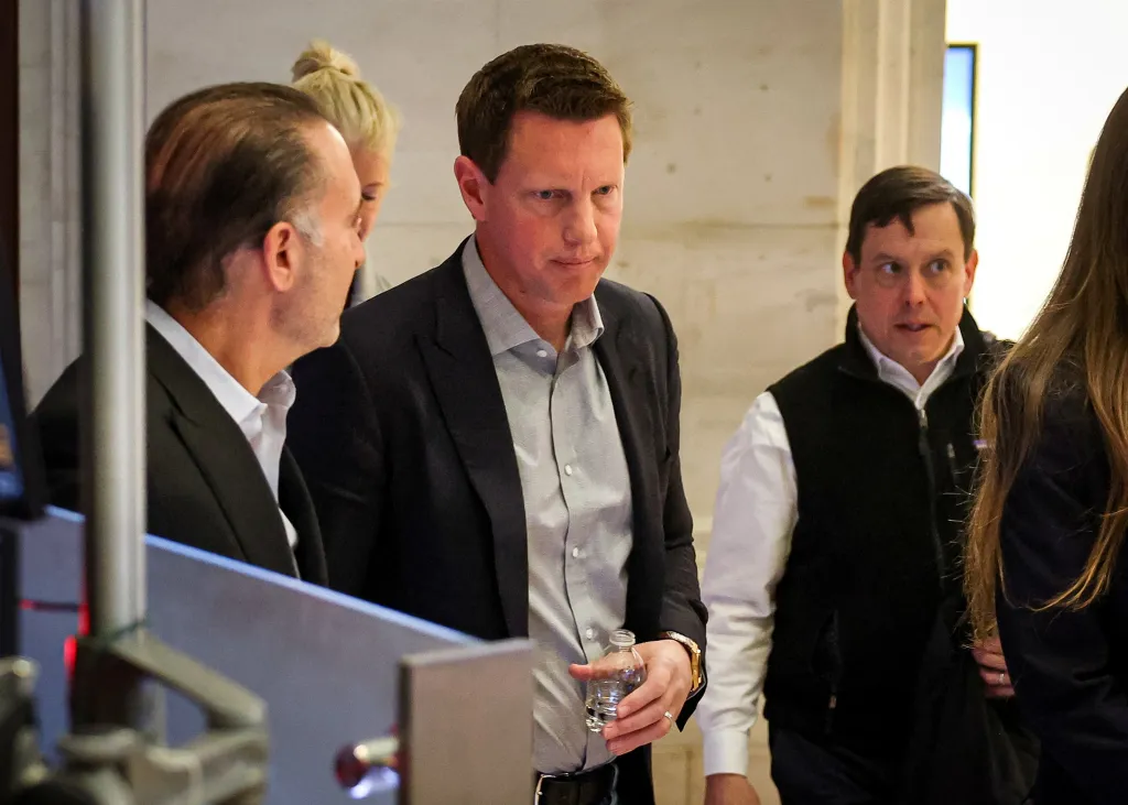 David Ellison, CEO of Paramount Skydance, exits following an interview at the NYSE in New York.