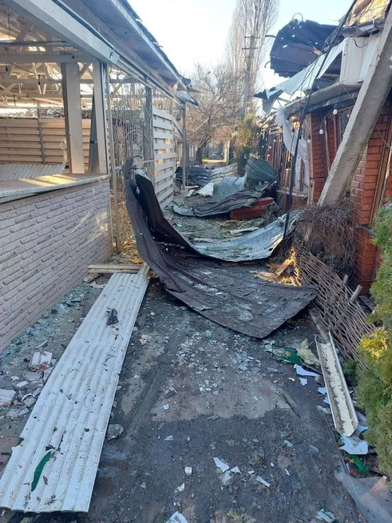 Debris from a damaged building on the ground in Khorly, Kherson Region after a drone strike.