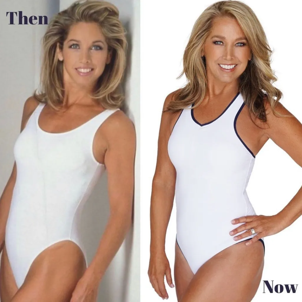 Austin wore a classic white one-piece swimsuit with a front zipper and stunned in the same look more than 30 years later.