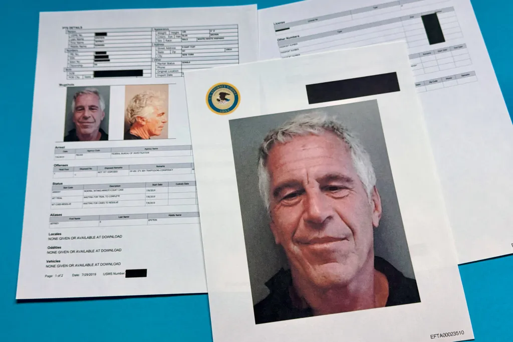 Jeffrey Epstein's mugshot and associated arrest documents.