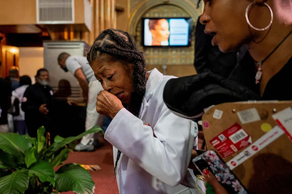 Donna Massey, mother of Sonya Massey, reacts after speaking at a press conference and rally in Chicago.