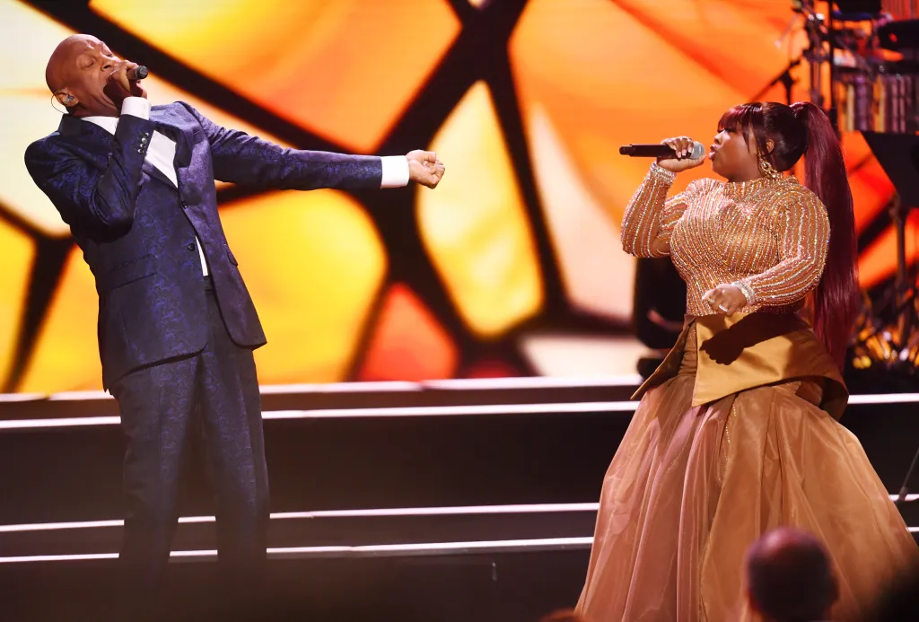 Donnie McClurkin and Jekalyn Carr perform onstage during the 40th Annual Stellar Gospel Music Awards.