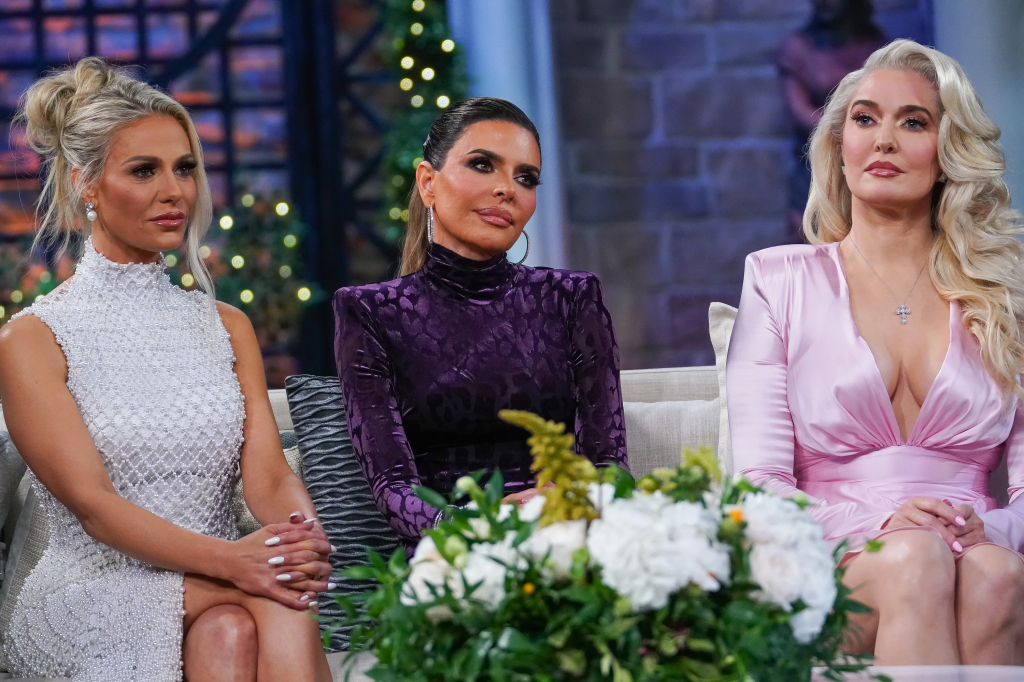 Dorit Kemsley, Lisa Rinna, and Erika Girardi seated at The Real Housewives of Beverly Hills Season 11 reunion.